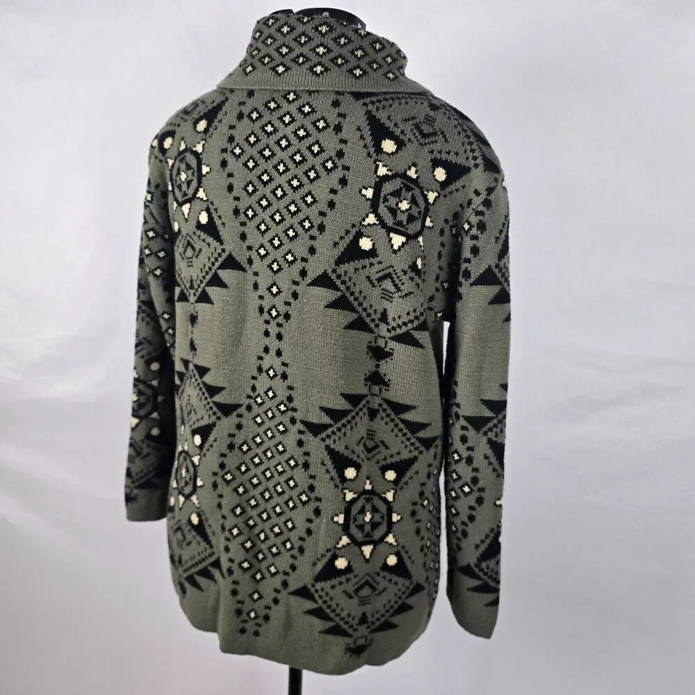 Cesar Cardigan Women's XL *** Green Black Tan Button Up Collar Long Sleeve